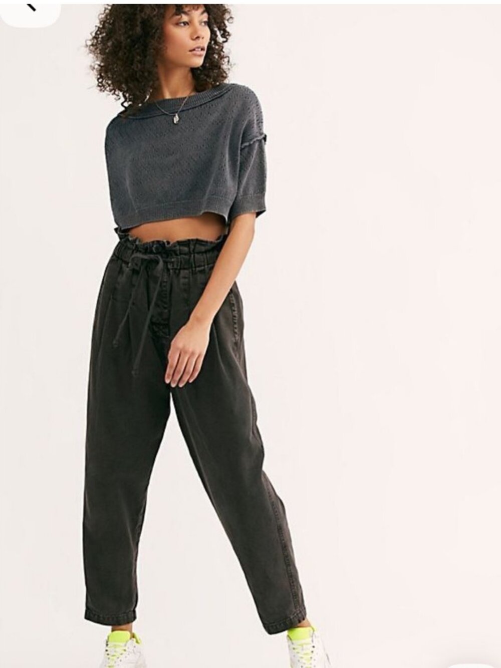Free People Margate Pleated Trouser Pant Washed Black Paper Bag Drawstring XS